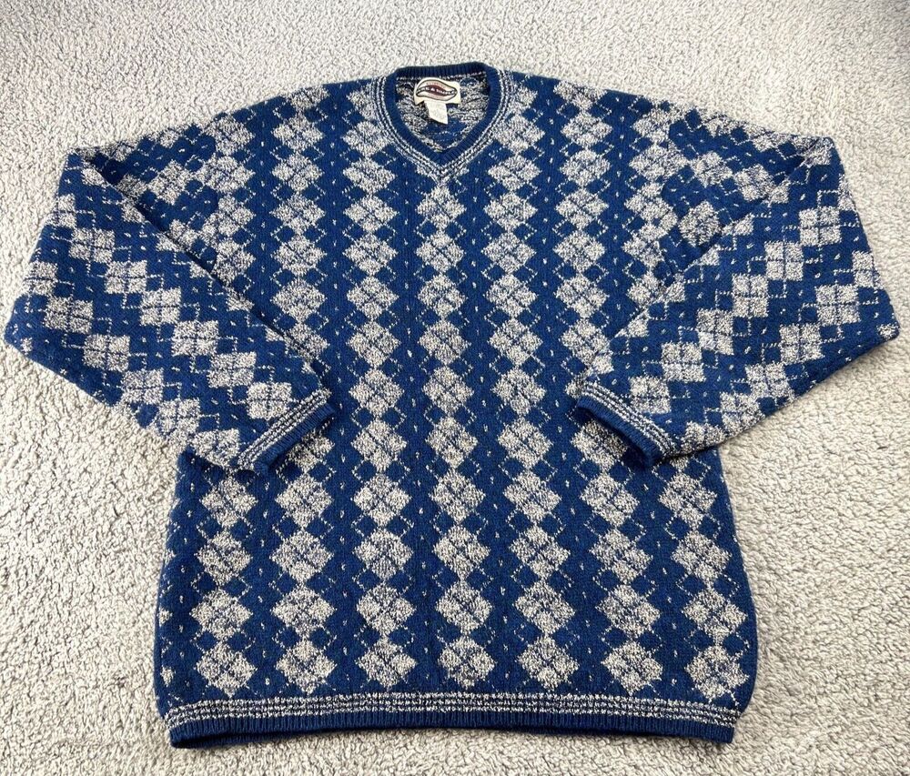 Pure & Simple Lambswool Sweater Mens Large Blue Diamond Argyle Gray Wool